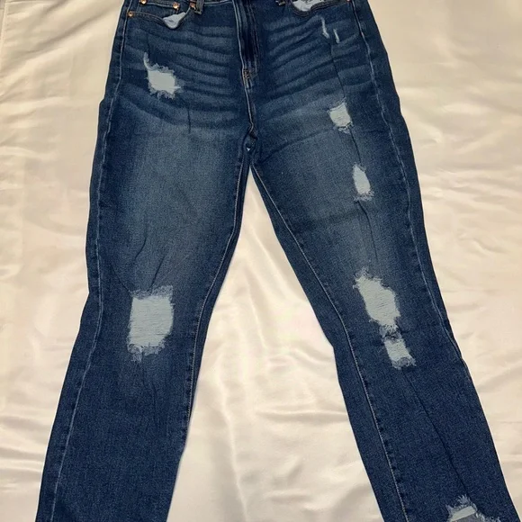 Guess Dark Blue Distressed Straight Leg Jeans - Picture 1 of 6